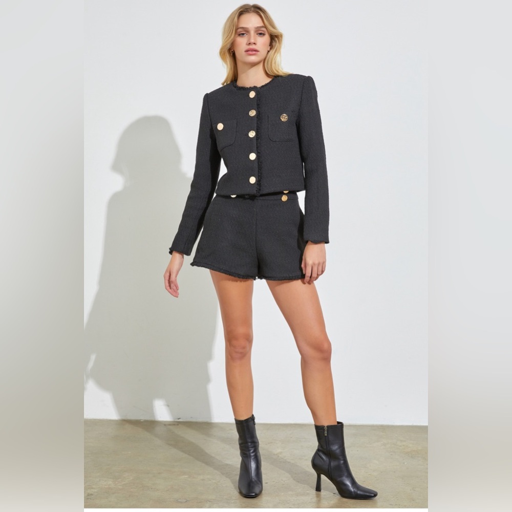 Tailored Black Bouclé Cropped Blazer with Gold Buttons